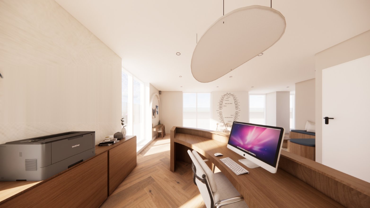 Impressie van de ontvangstbalie van de praktijk (3D-ontwerp)