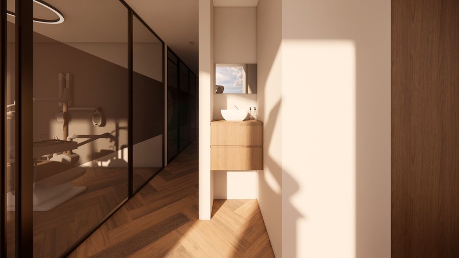 Impressie van de gang met behandelkamers achter glas (3D-ontwerp)