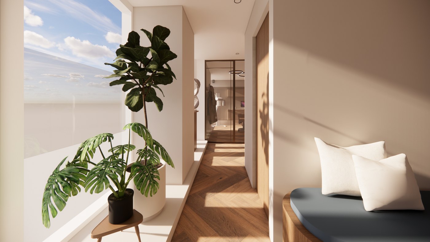 Impressie van de entree met zitbank en planten (3D-ontwerp)