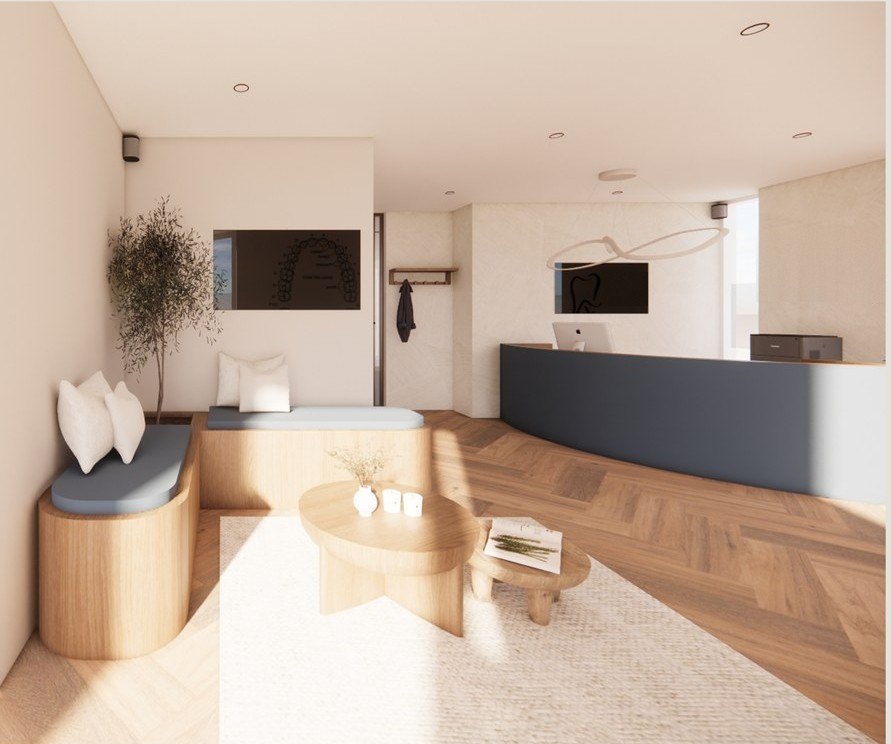 Impressie van de ontvangstbalie en wachtruimte van de praktijk (3D-ontwerp)
