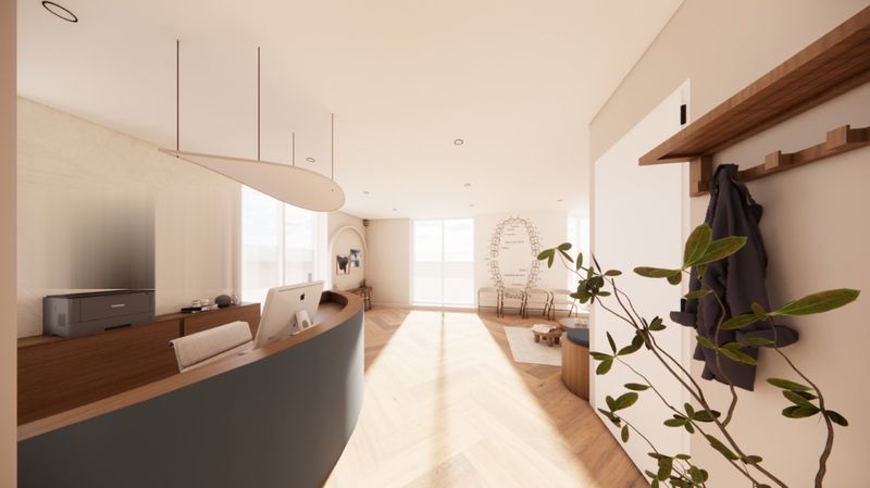 Impression of the reception area with desk (3D design)